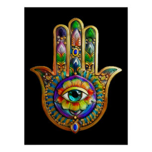Kleurrijke bloemblaadjes turquoise derde oog hamsa perfect poster
