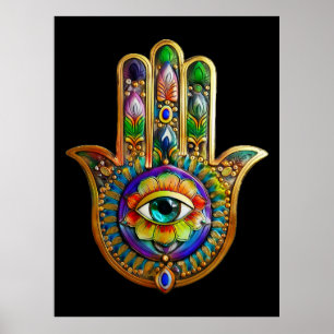 Kleurrijke bloemblaadjes turquoise derde oog hamsa poster