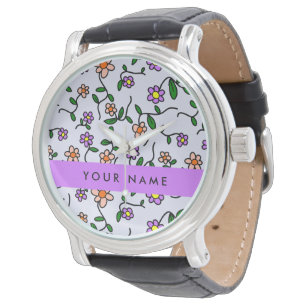 Kleurrijke Bloemen, Blauwe Achtergrond, Paars Horloge
