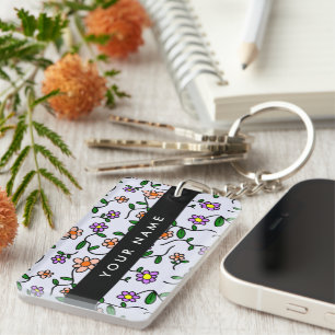 Kleurrijke Bloemen, Blauwe Achtergrond, Zwart Sleutelhanger