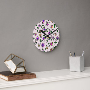 Kleurrijke bloemen, bloemmotief, groen, boho ronde klok