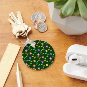 Kleurrijke bloemen, bloemmotief, groen, boho sleutelhanger