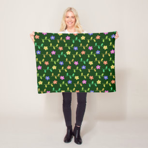 Kleurrijke Bloemen, Bloemmotief, Groene Bladeren, Fleece Deken