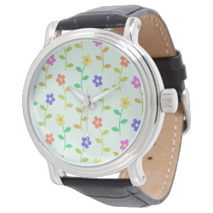 Kleurrijke Bloemen, Bloemmotief, Groene Bladeren, Horloge