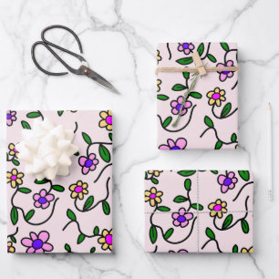 Kleurrijke Bloemen, Bloemmotief, Groene Bladeren, Inpakpapier Vel