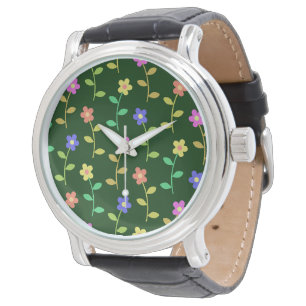 Kleurrijke Bloemen, Bloemmotief, Groene Elementen, Horloge