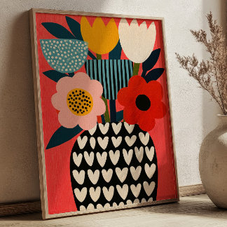 Kleurrijke Bloemen Boeket Vaas Illustratie Bloemig Poster