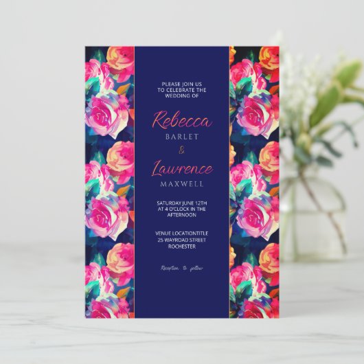 Kleurrijke bloemen bruiloft uitnodiging met stijl (Staand voorkant)