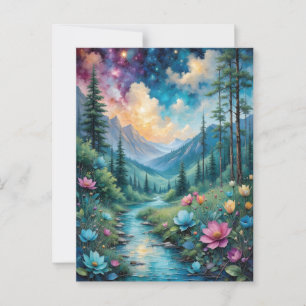 Kleurrijke bloemen een stroom en wilde natuur briefkaart