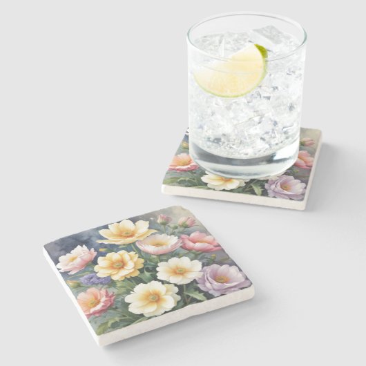 Kleurrijke Bloemen Elegante Aquarel Schildering Stenen Onderzetter (Zijkant)