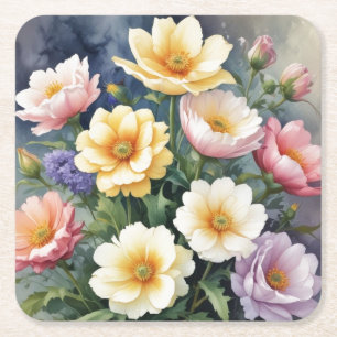 Kleurrijke Bloemen Elegante Aquarel Schildering Vierkante Kartonnen Onderzetter