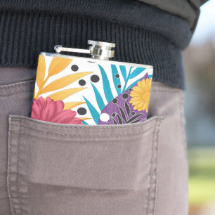 Kleurrijke bloemen en bladeren op een zwarte achte heupfles