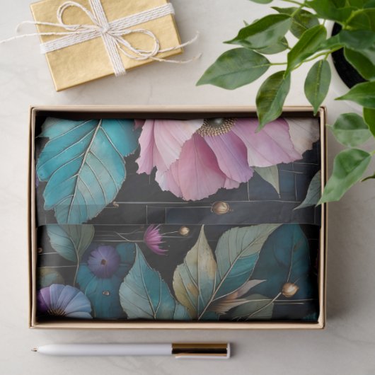 Kleurrijke bloemen en bladeren zwarte achtergrond tissuepapier (Geschenk)