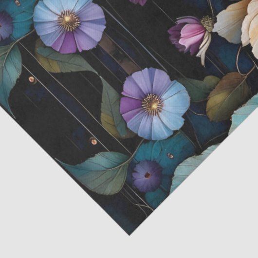 Kleurrijke bloemen en bladeren zwarte achtergrond tissuepapier (Detail)