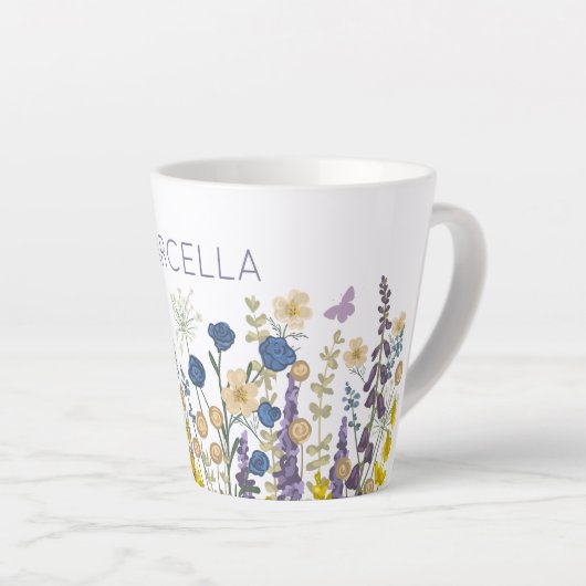 Kleurrijke bloemen en vlinders Custom Name Latte Mok (Rechterhoek)