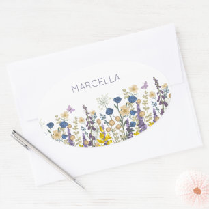 Kleurrijke bloemen en vlinders Custom Name Ovale Sticker