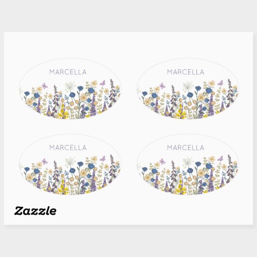 Kleurrijke bloemen en vlinders Custom Name Ovale Sticker (Vel)