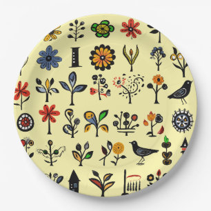 Kleurrijke bloemen en vogels papieren bordje