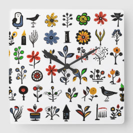 Kleurrijke bloemen en vogels vierkante klok