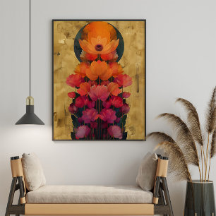 Kleurrijke bloemen en volle maan schilderen poster