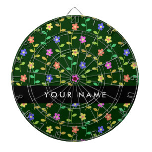 Kleurrijke bloemen, groene achtergrond, zwart dartbord