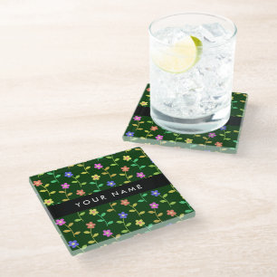 Kleurrijke Bloemen, Groene Achtergrond, Zwart Glazen Onderzetter