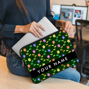 Kleurrijke Bloemen, Groene Achtergrond, Zwart Laptop Sleeve