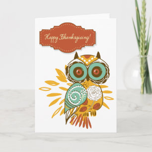 Kleurrijke Bloemen Herfst Uil Happy Thanksgiving K Feestdagen Kaart