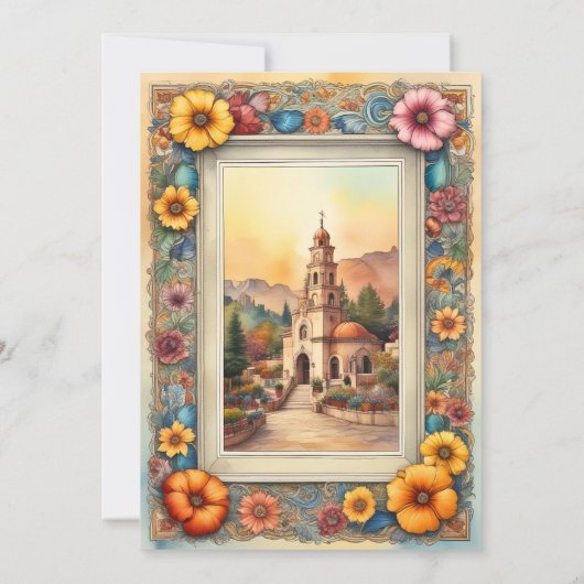 Kleurrijke Bloemen Ingelijste Kapel Mexicaanse bru Kaart (Achterkant)