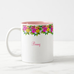 Kleurrijke bloemen & kalligrafie tweekleurige koffiemok