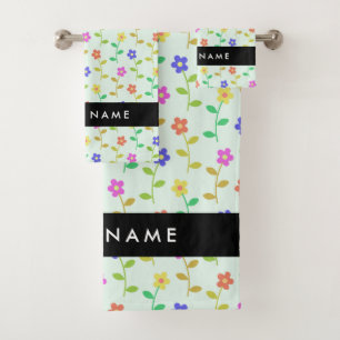 Kleurrijke Bloemen, Lichtgroene Achtergrond, Zwart Bad Handdoek