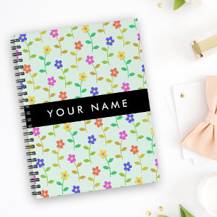 Kleurrijke Bloemen, Lichtgroene Achtergrond, Zwart Notitieboek