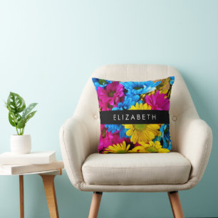 Kleurrijke bloemen, madeliefjes, boho, Jouw naam Kussen