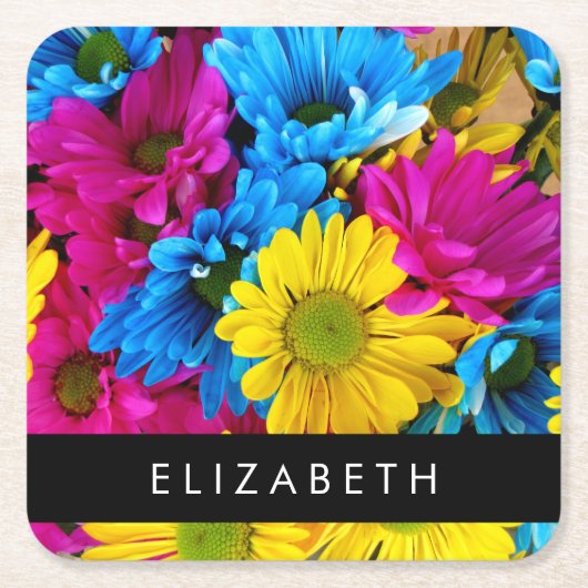 Kleurrijke bloemen, madeliefjes, boho, Jouw naam Vierkante Kartonnen Onderzetter (Voorkant)