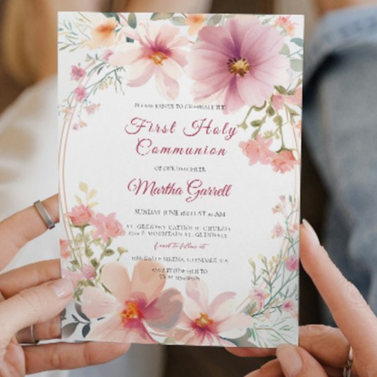 Kleurrijke bloemen Meisje Eerste Heilige Communie Kaart