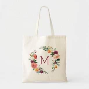 Kleurrijke bloemen met monogram tote bag