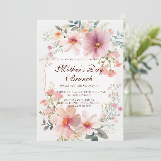 Kleurrijke Bloemen Moederdag Brunch Uitnodiging (Staand voorkant)