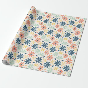 Kleurrijke Bloemen Naadloos in Blauw, Roze en Geel Cadeaupapier