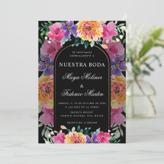 Kleurrijke Bloemen Nuestra Boda Spaanse bruiloft Kaart (Staand voorkant)