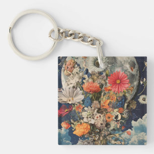 Kleurrijke bloemen onder volle maan sleutelhanger