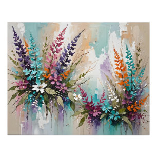 Kleurrijke Bloemen op Blauw Beige Witte Lavendel Foto Afdruk