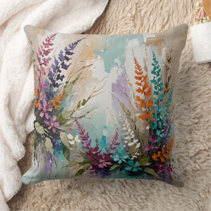 Kleurrijke Bloemen op Blauw Beige Witte Lavendel Kussen