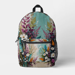 Kleurrijke Bloemen op Blauwgroen Blauw Beige Bedrukte Rugzak