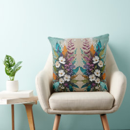 Kleurrijke Bloemen op Blauwgroen Blauw Beige Kussen