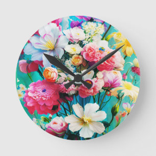 Kleurrijke Bloemen op Teal Achtergrond Ronde Klok