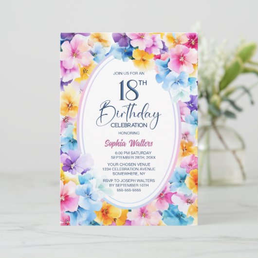 Kleurrijke Bloemen Ovaal 18e Verjaardagsfeest Kaart (Staand voorkant)