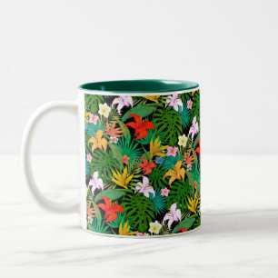 Kleurrijke Bloemen & Palmbladeren op Zwart Tweekleurige Koffiemok