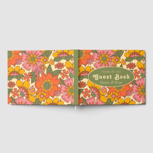 Kleurrijke Bloemen Patroon Retro Boho 70s Huwelijk Gastenboek (Volledig)