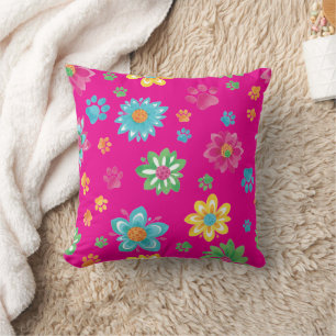 Kleurrijke Bloemen & Paw Prints Kussen