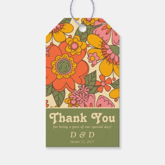 Kleurrijke Bloemen Retro Dank u Cadeaulabel (Voorkant)